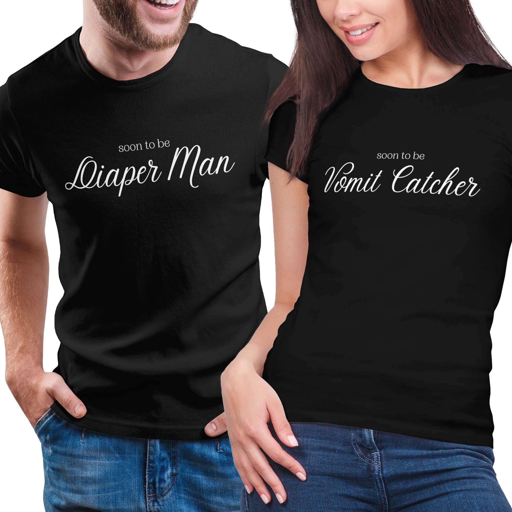 Soon To Be Diaper Man and Vomit Catcher Funny Couples T-Shirt Set
