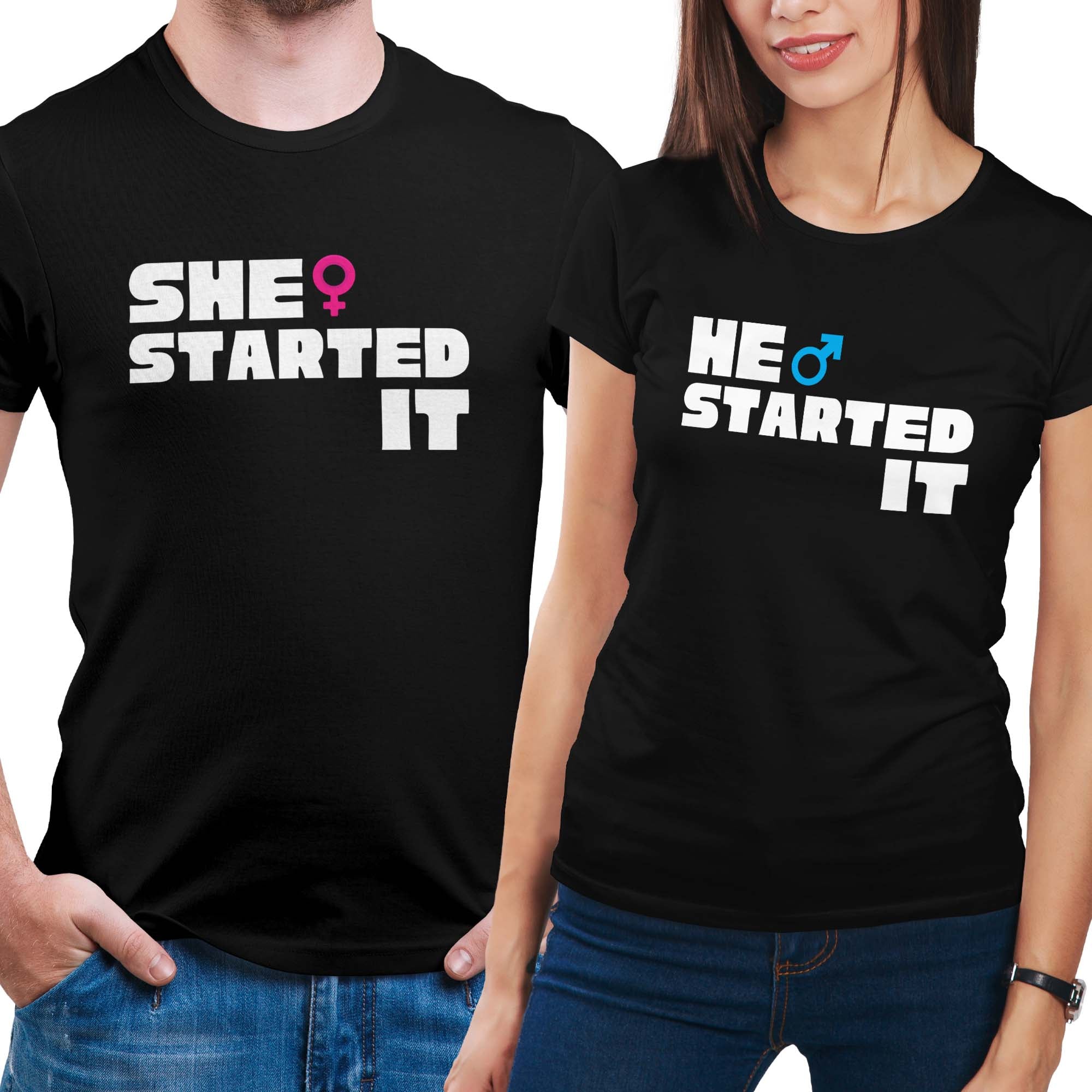 He / She Started It Funny Couple Fight T-Shirt Set Combo