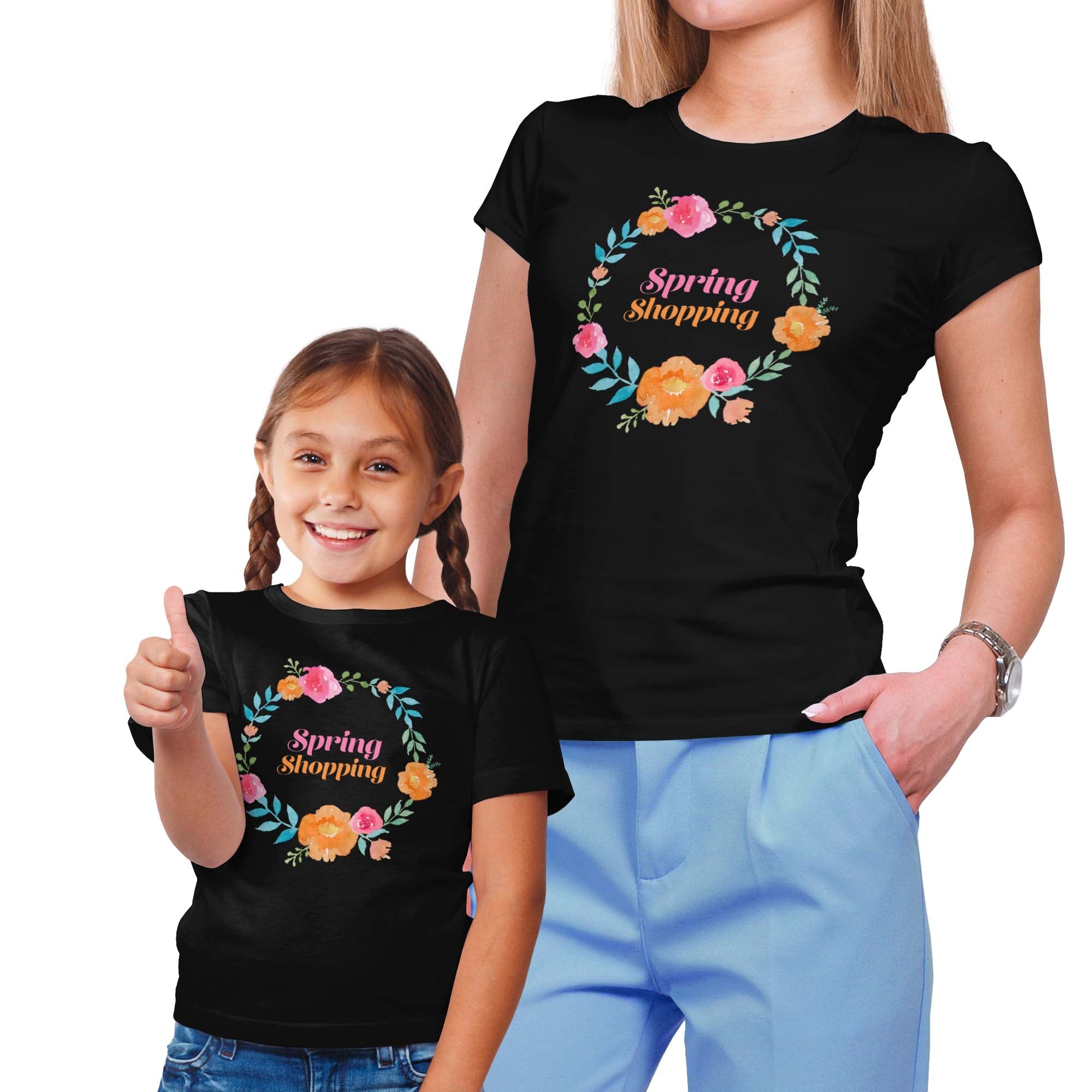 Spring Shopping Floral Wreath Mom & Me T-Shirt Set