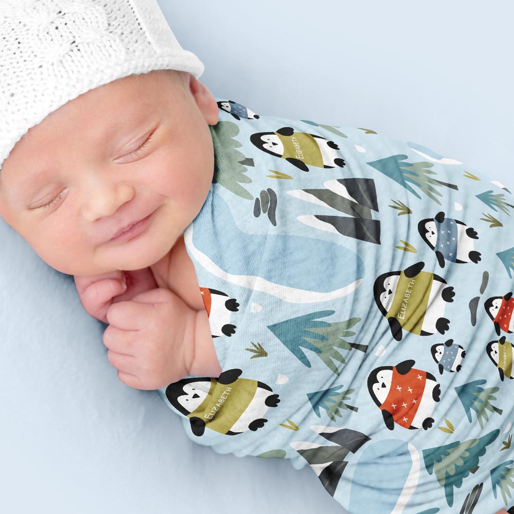 Cute Winter Penguin Family Personalized Swaddle Blanket