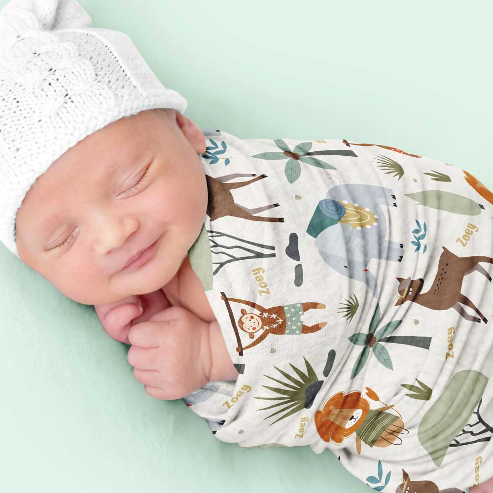 Jungle Party Personalized Baby Swaddle Blanket