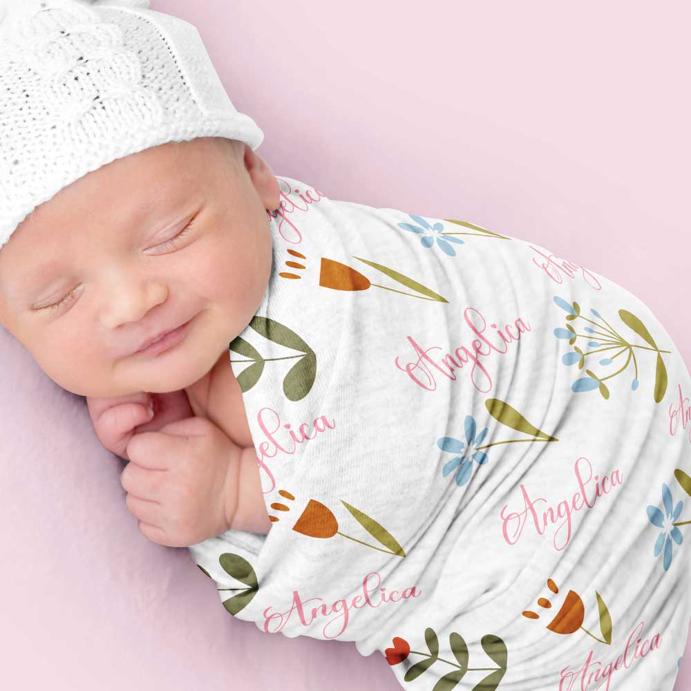 Dainty Flowers Personalized Baby Name Swaddle Blanket