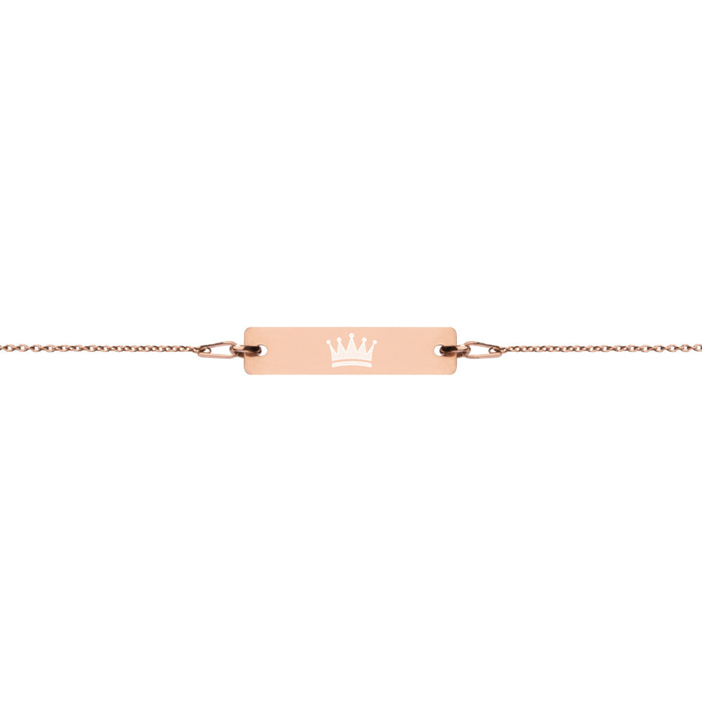 Crowned Engraved Silver Bar Chain Bracelet