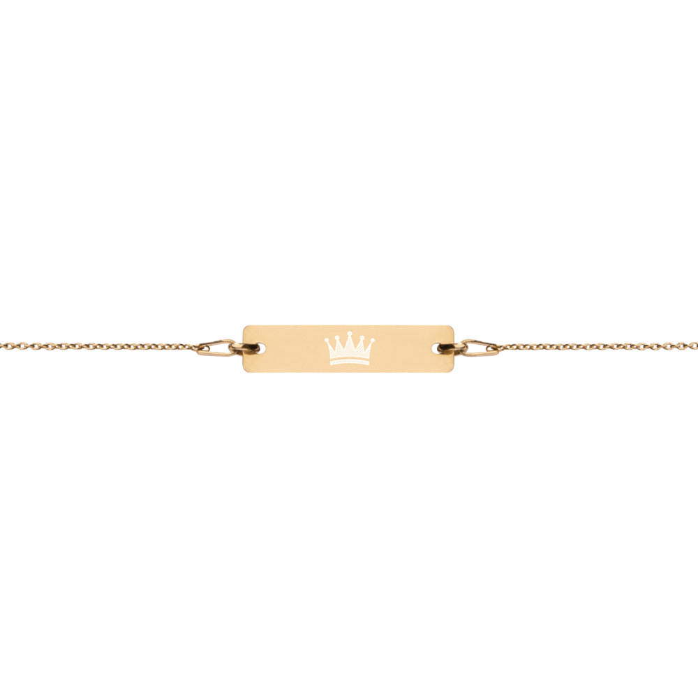 Crowned Engraved Silver Bar Chain Bracelet