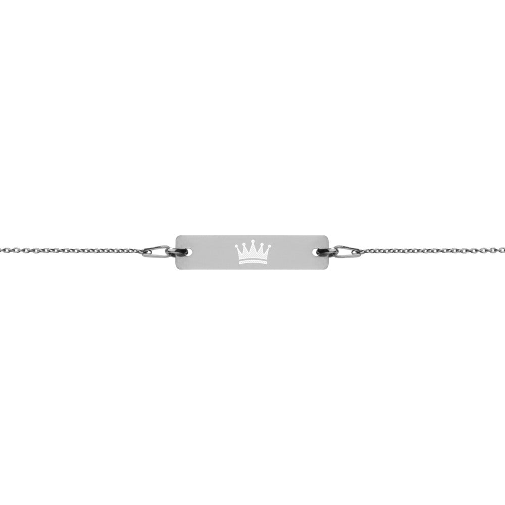 Crowned Engraved Silver Bar Chain Bracelet