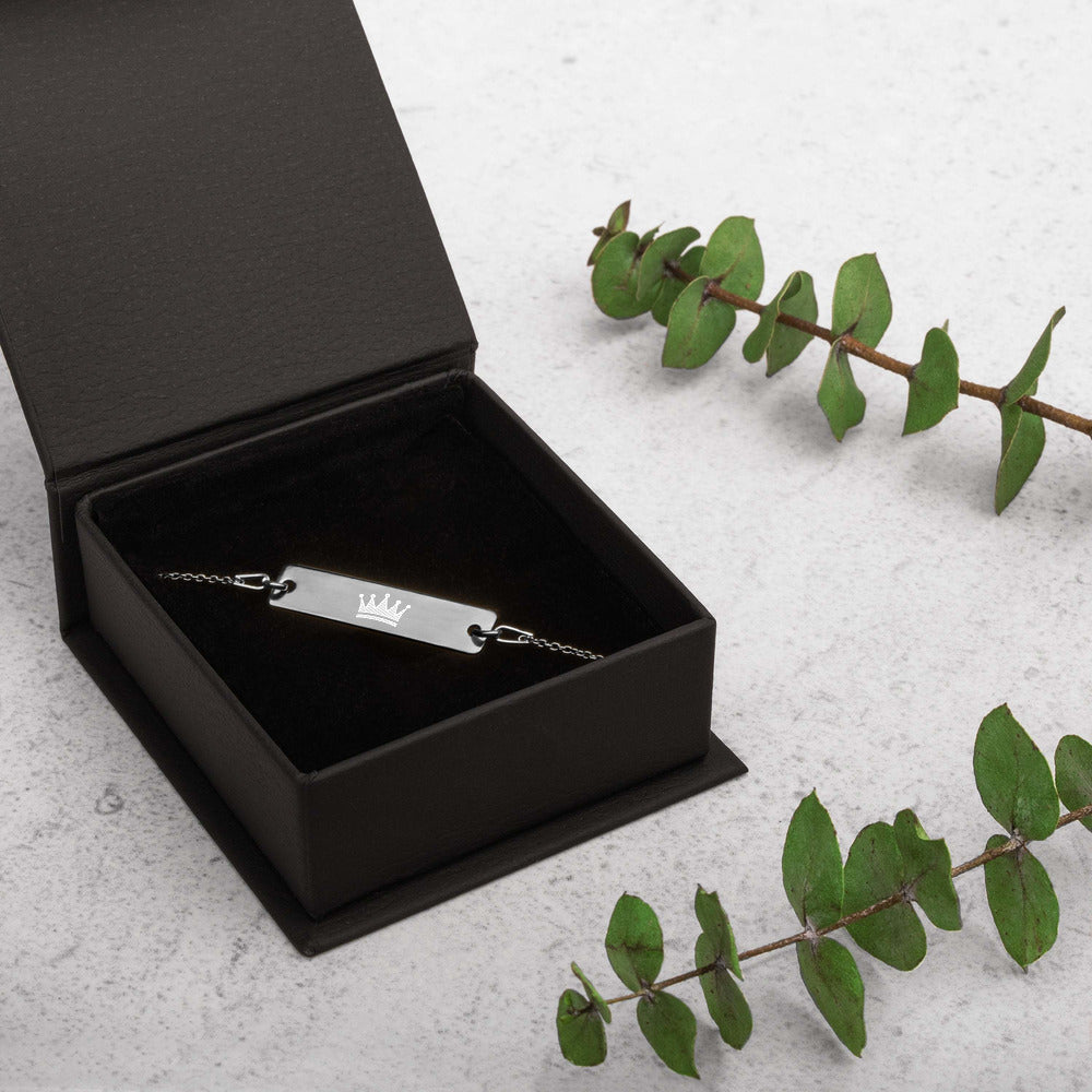 Crowned Engraved Silver Bar Chain Bracelet