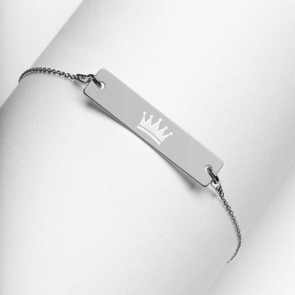 Crowned Engraved Silver Bar Chain Bracelet