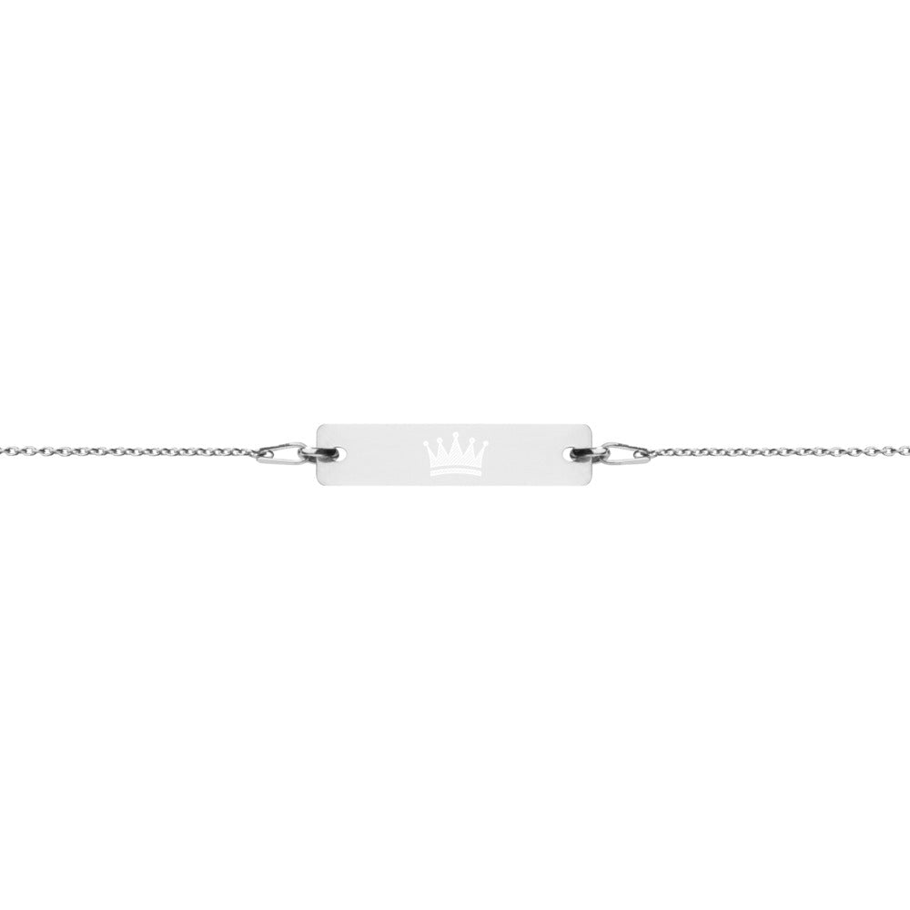 Crowned Engraved Silver Bar Chain Bracelet