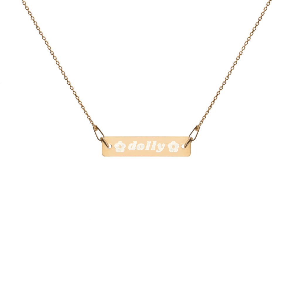 Dolly with Flowers Engraved Silver Bar Chain Necklace