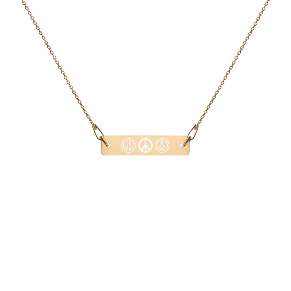 Triple Peace Sign Engraved Silver Bar Chain Necklace