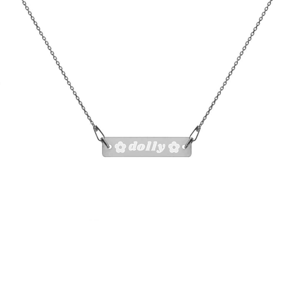 Dolly with Flowers Engraved Silver Bar Chain Necklace