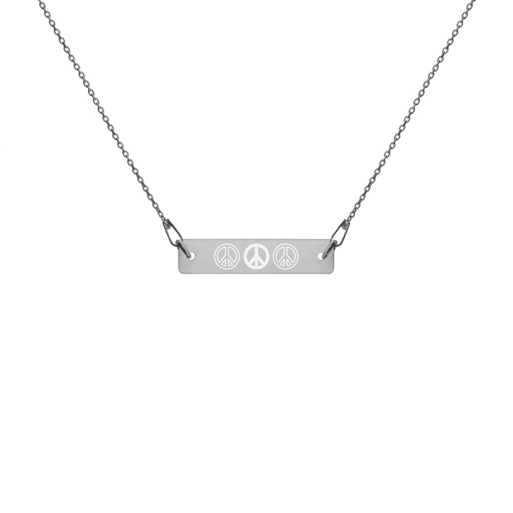 Triple Peace Sign Engraved Silver Bar Chain Necklace