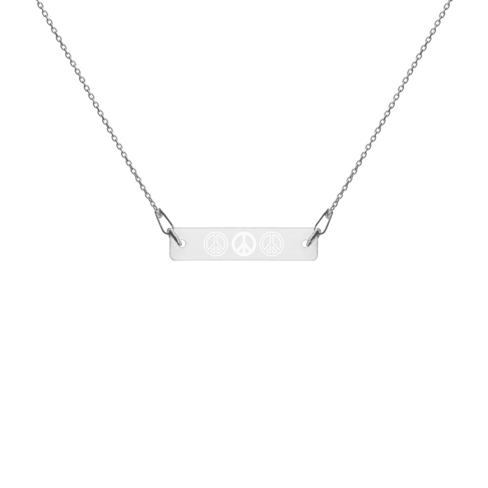 Triple Peace Sign Engraved Silver Bar Chain Necklace