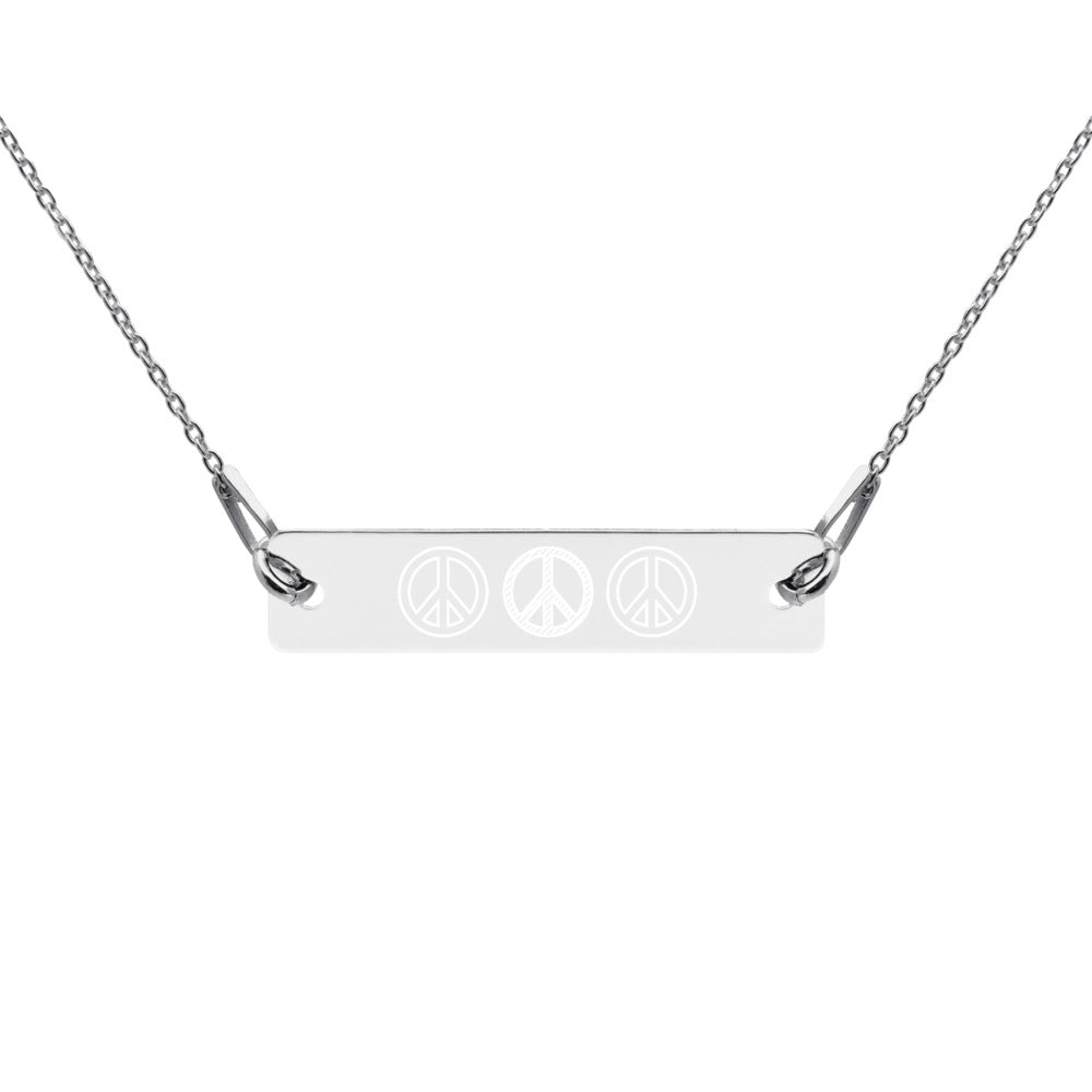 Triple Peace Sign Engraved Silver Bar Chain Necklace