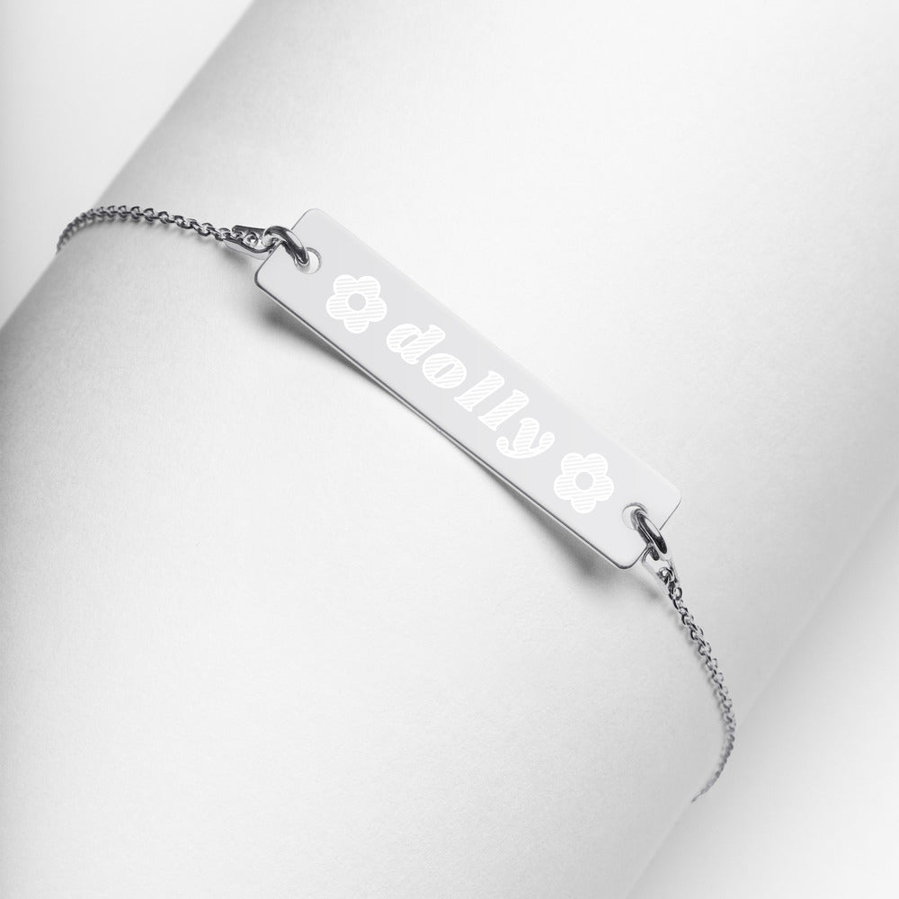 Dolly with Flowers Engraved Silver Bar Chain Necklace