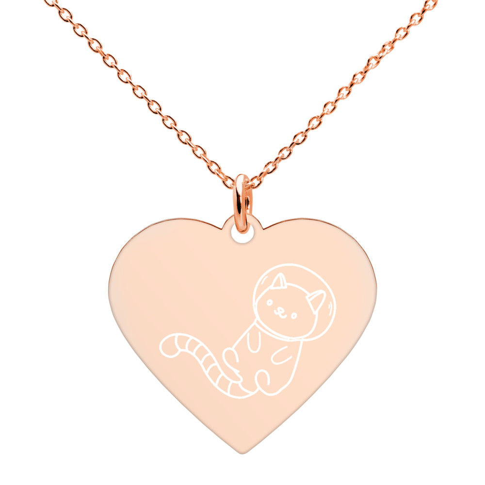 Astronaut Cat in Space Engraved Silver Heart Necklace