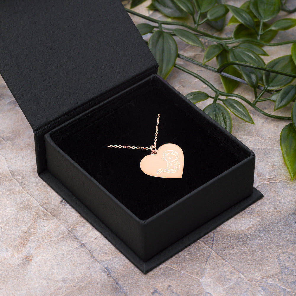 Astronaut Cat in Space Engraved Silver Heart Necklace