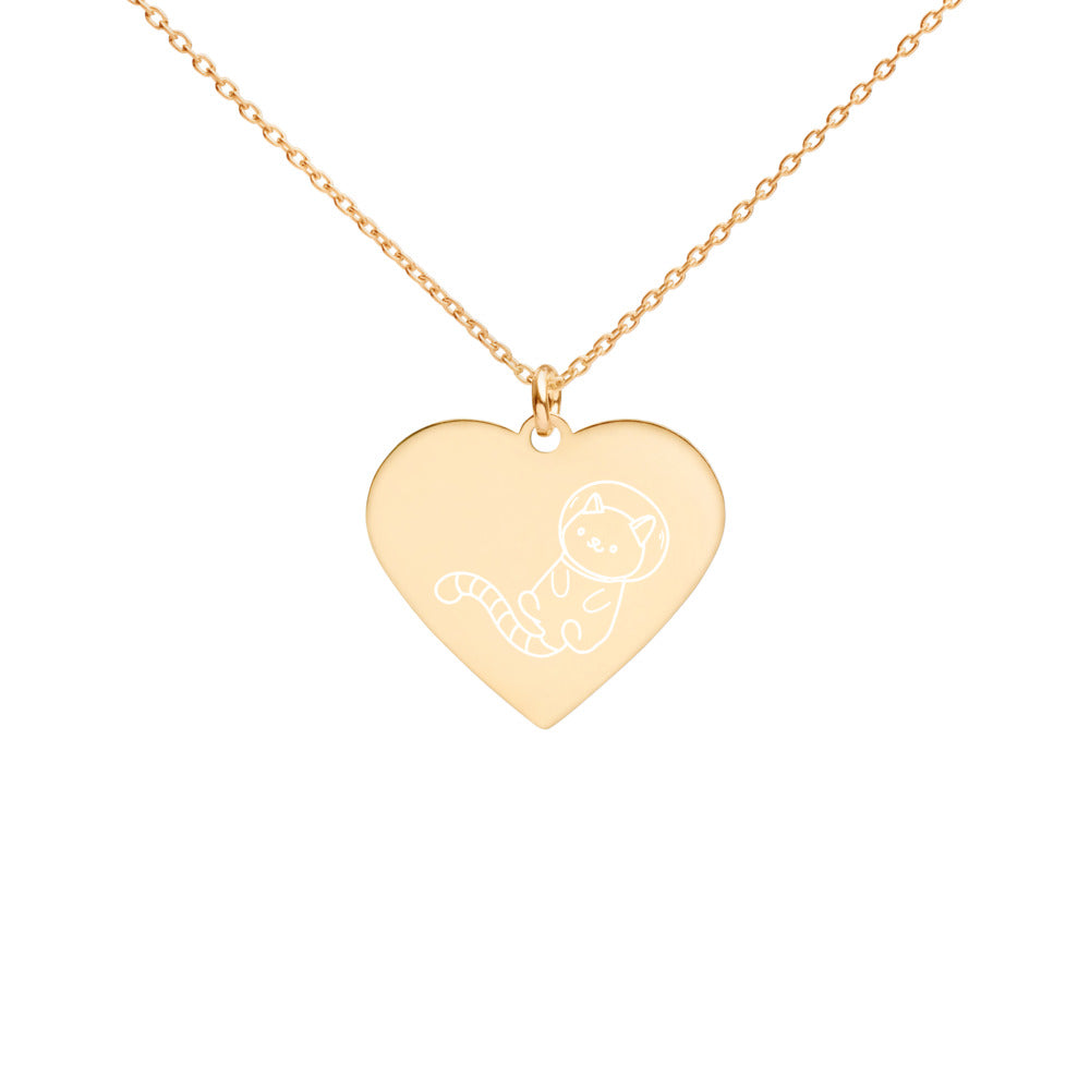 Astronaut Cat in Space Engraved Silver Heart Necklace