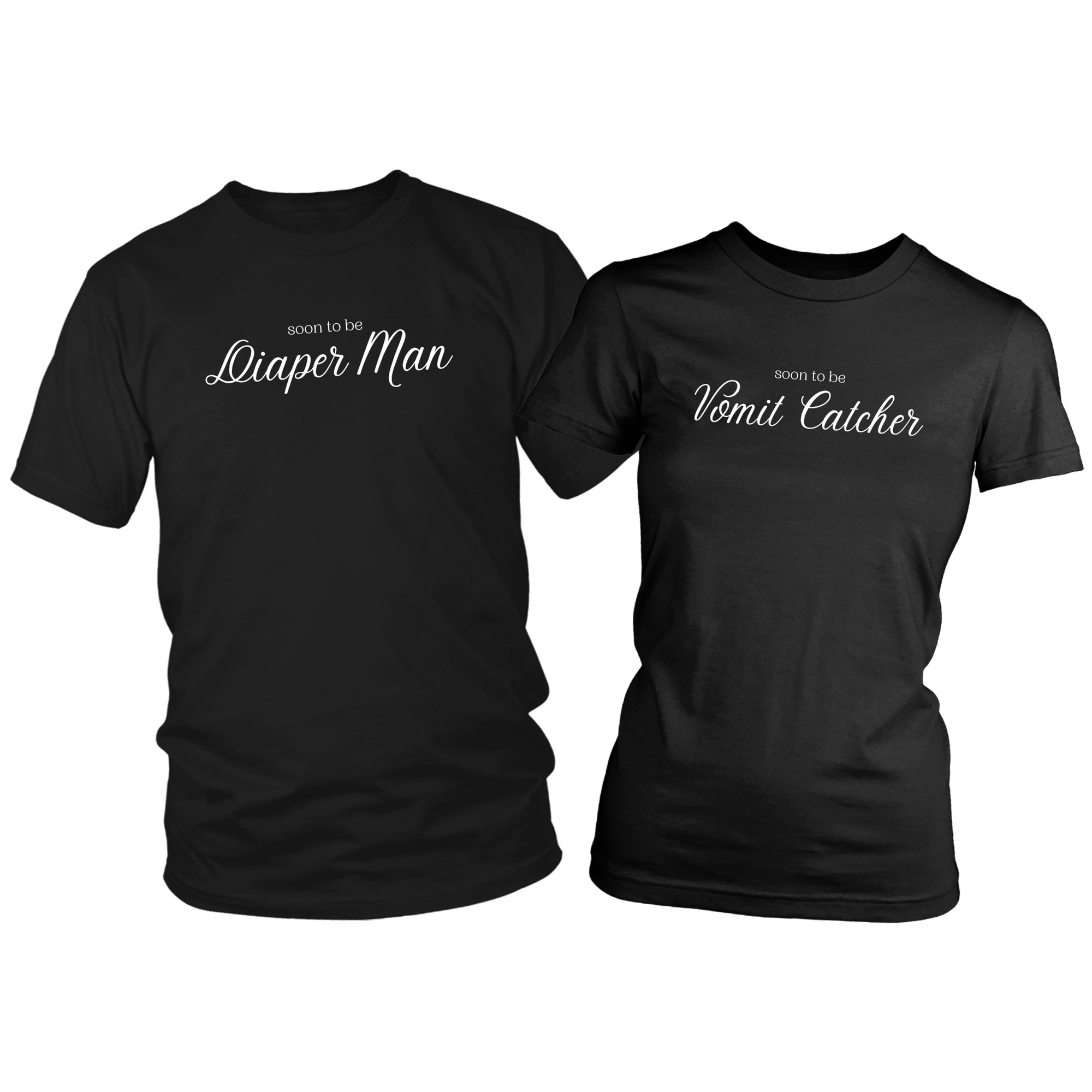 Soon To Be Diaper Man and Vomit Catcher Funny Couples T-Shirt Set