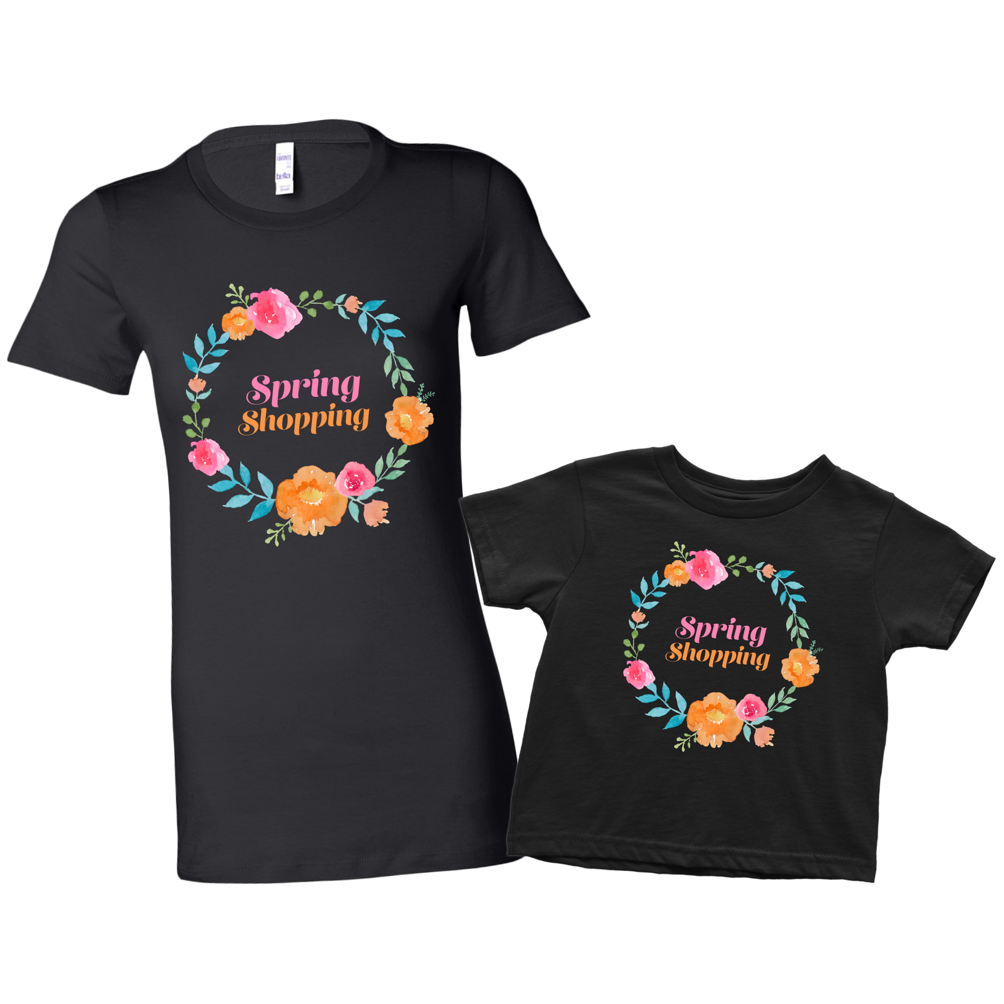 Spring Shopping Floral Wreath Mom & Me T-Shirt Set