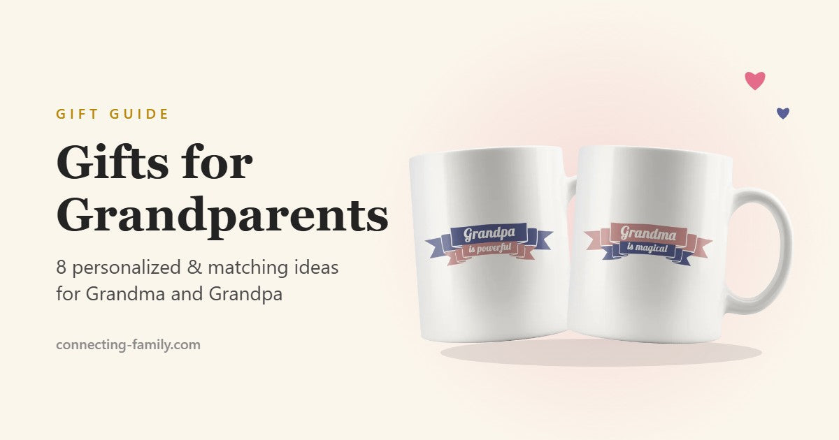 Matching mugs that say Grandpa is powerful and Grandma is magical