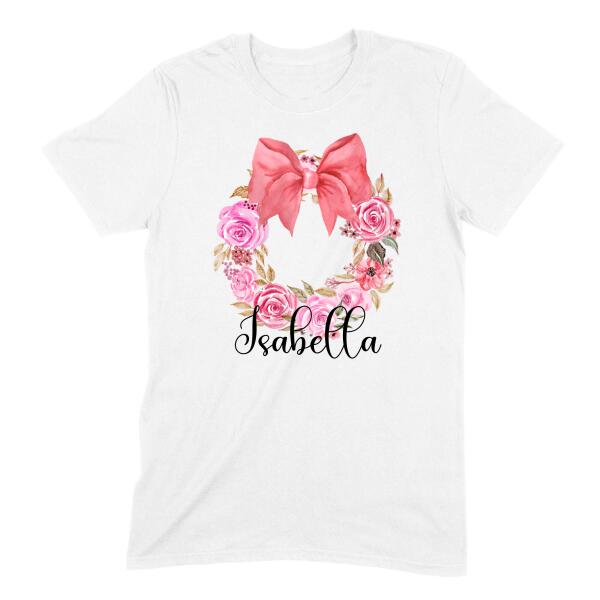 Watercolor Floral Wreath with Bow Personalized T-Shirt Secondary image