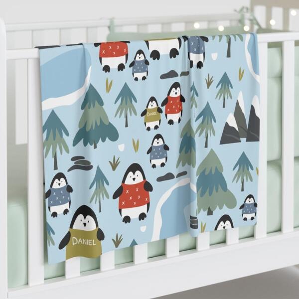 Cute Winter Penguin Family Personalized Swaddle Blanket Main image