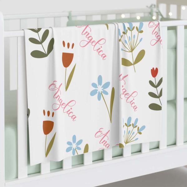 Dainty Flowers Personalized Baby Name Swaddle Blanket Main image