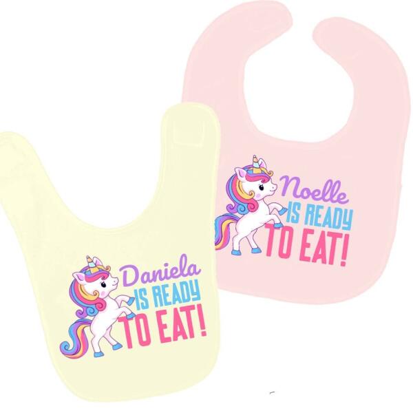 Cute Unicorn Ready To Eat Personalized Baby Bib Main image