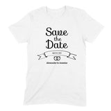 Load image into Gallery viewer, Save the Date Banner &amp; Rings Personalized Wedding T-Shirt