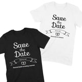 Load image into Gallery viewer, Save the Date Banner &amp; Rings Personalized Wedding T-Shirt