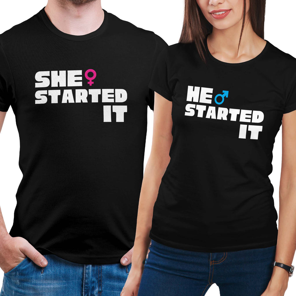 He / She Started It Funny Couple Fight T-Shirt Set Combo
