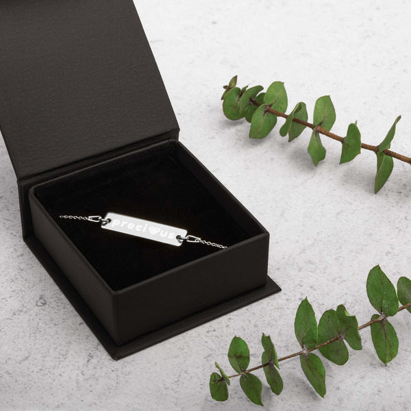 Precious Diamond Engraved Silver Bar Chain Bracelet