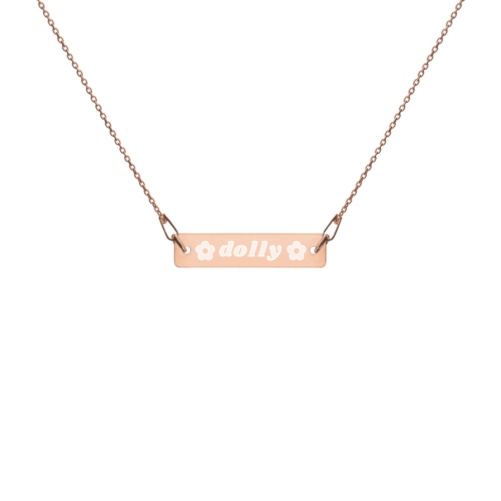 Dolly with Flowers Engraved Silver Bar Chain Necklace