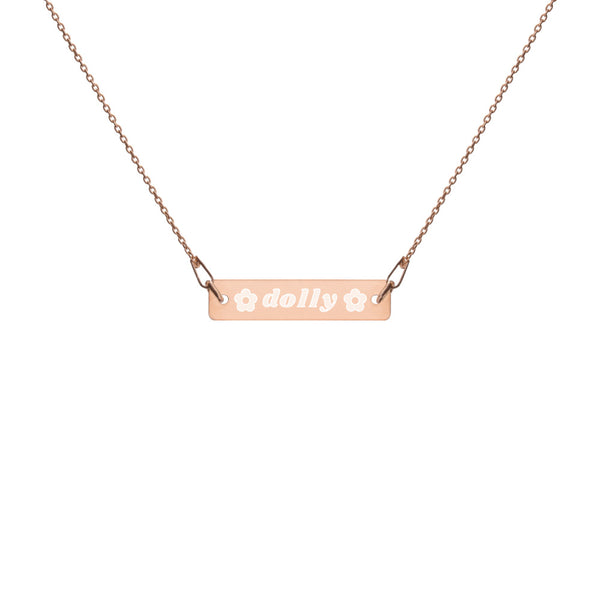 Dolly with Flowers Engraved Silver Bar Chain Necklace