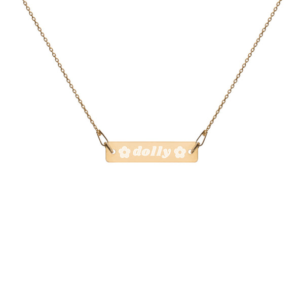 Dolly with Flowers Engraved Silver Bar Chain Necklace