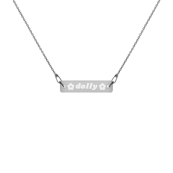 Dolly with Flowers Engraved Silver Bar Chain Necklace