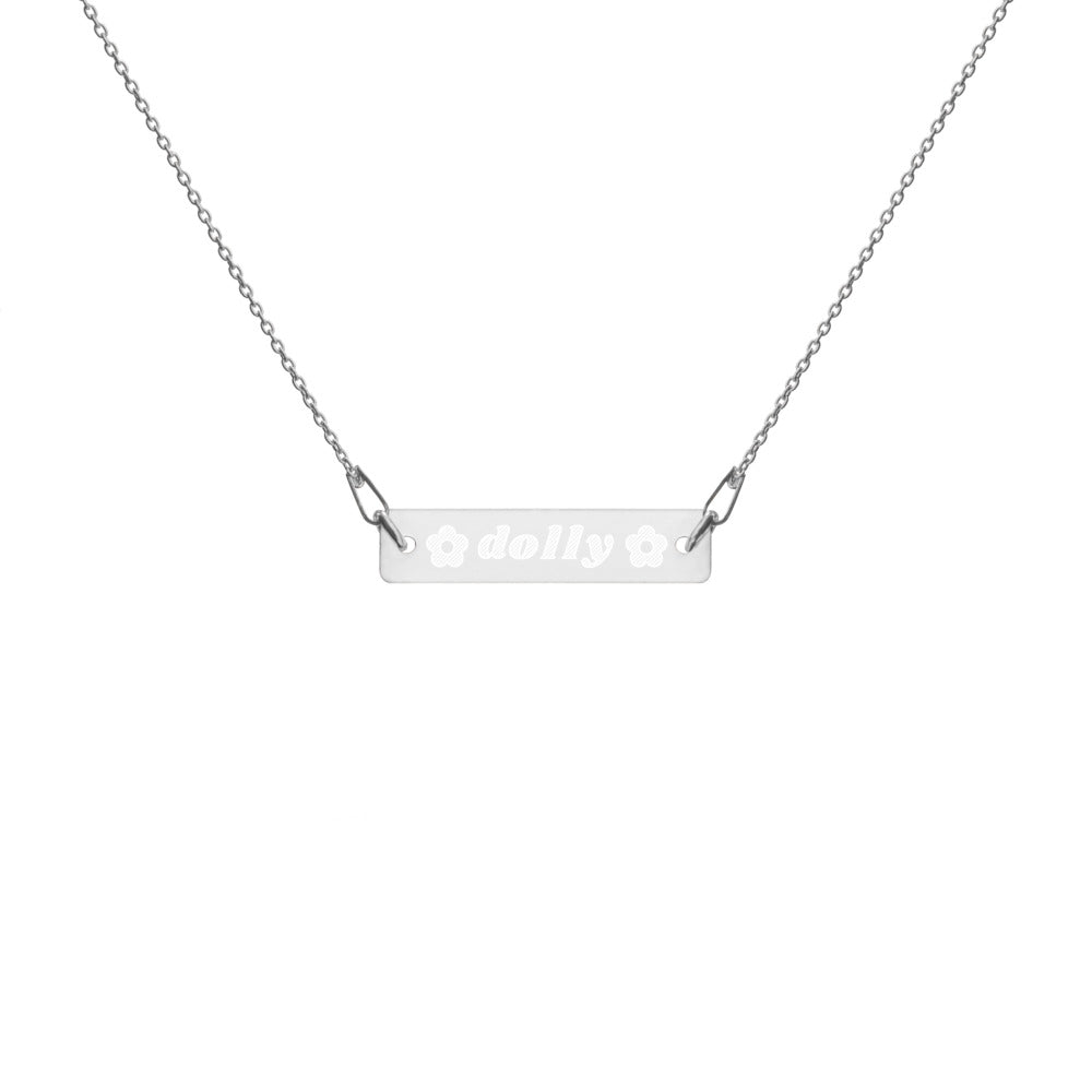 Dolly with Flowers Engraved Silver Bar Chain Necklace