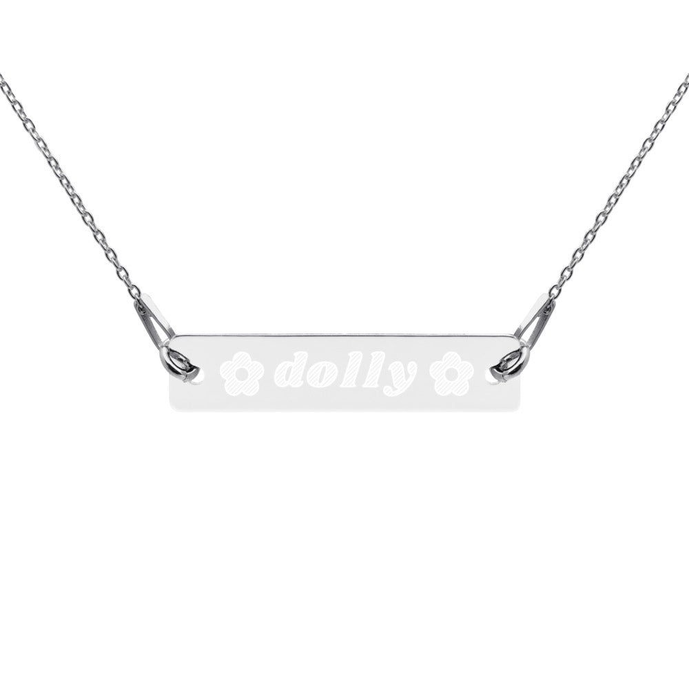 Dolly with Flowers Engraved Silver Bar Chain Necklace