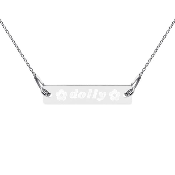 Dolly with Flowers Engraved Silver Bar Chain Necklace
