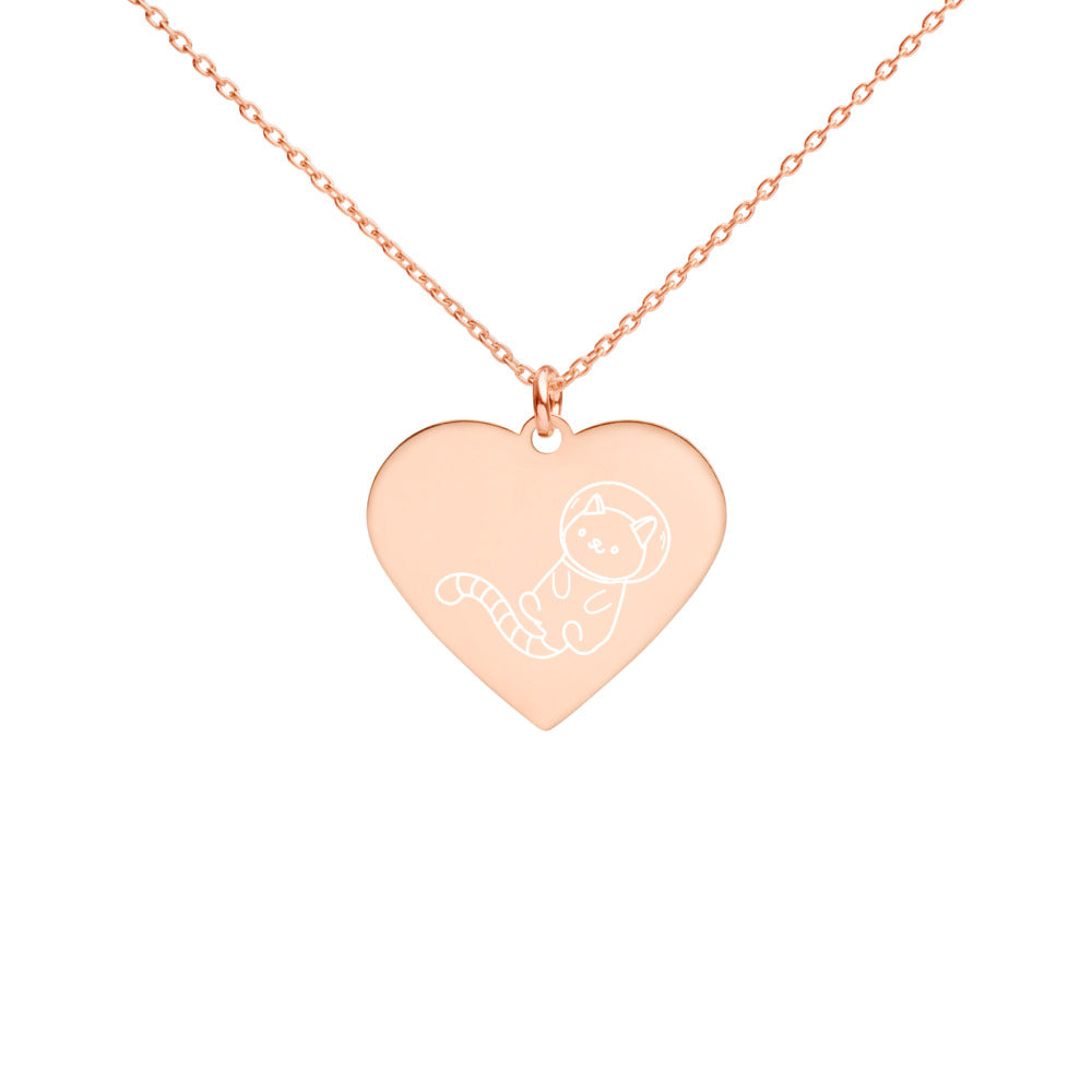 Astronaut Cat in Space Engraved Silver Heart Necklace