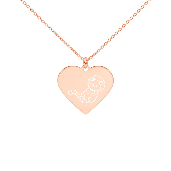 Astronaut Cat in Space Engraved Silver Heart Necklace