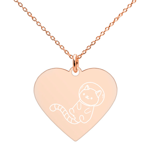Astronaut Cat in Space Engraved Silver Heart Necklace