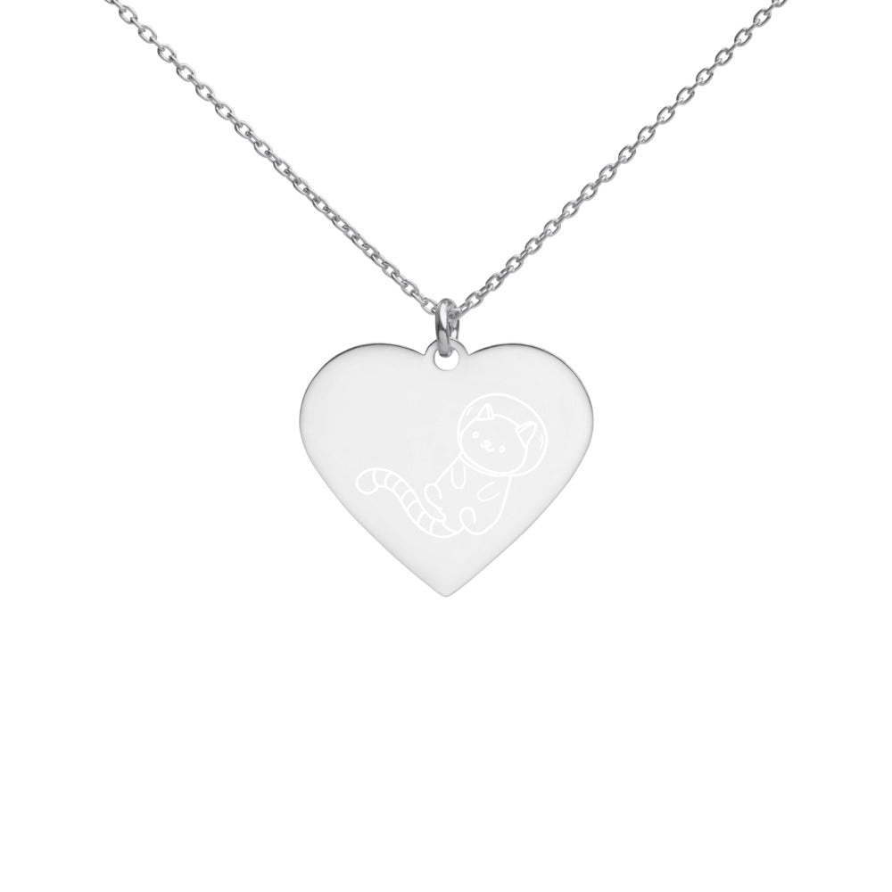 Astronaut Cat in Space Engraved Silver Heart Necklace